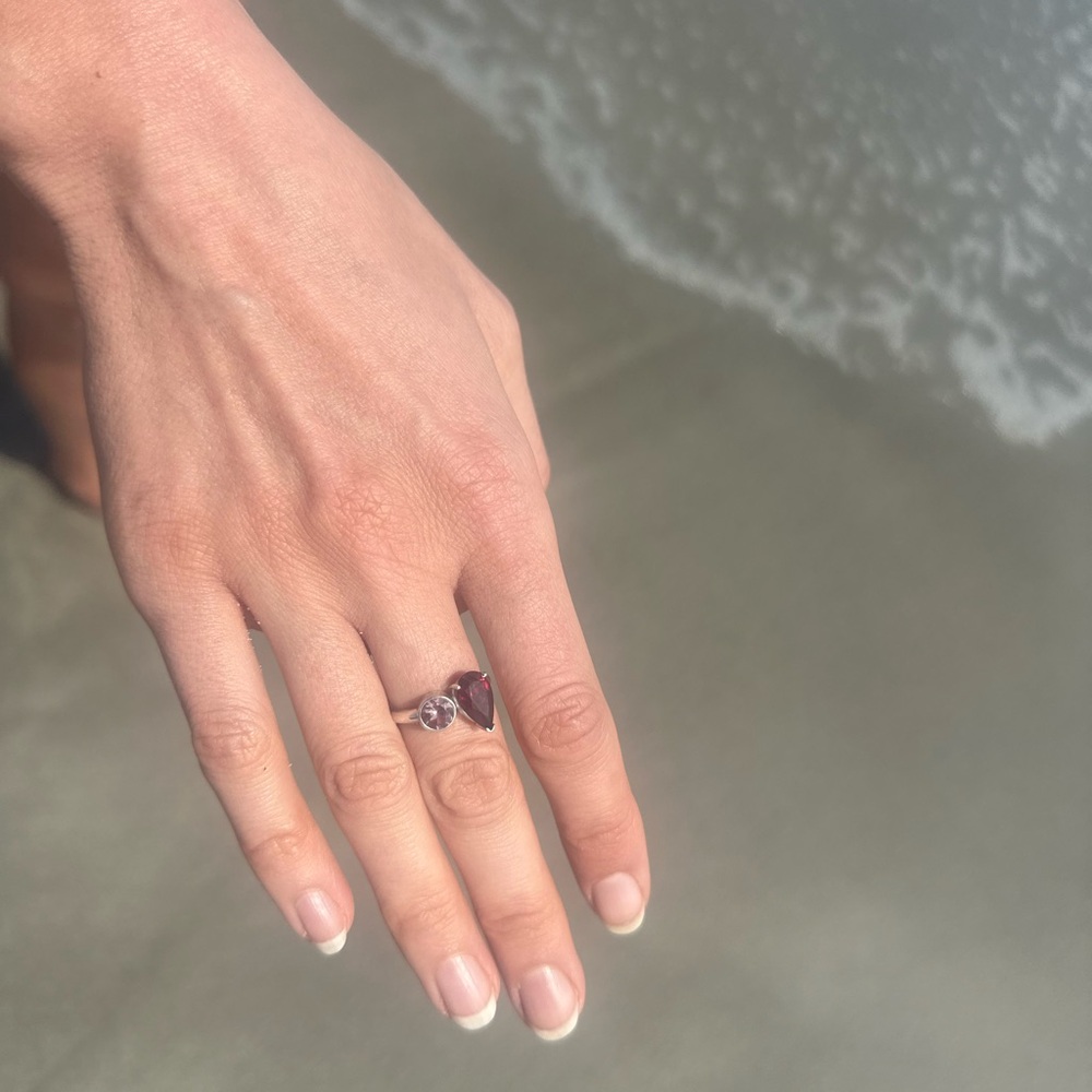 Elegant Silver Pink Spinel and Rhodolite garnet Ring